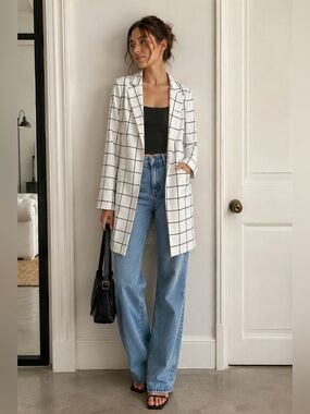 MELLODAY White Windowpane Long Blazer